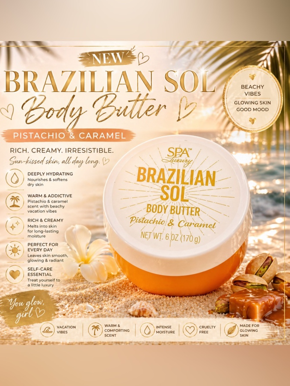 Brazilian Sol Body Butter Pistachio & Caramel 6 oz Hydrating Cream